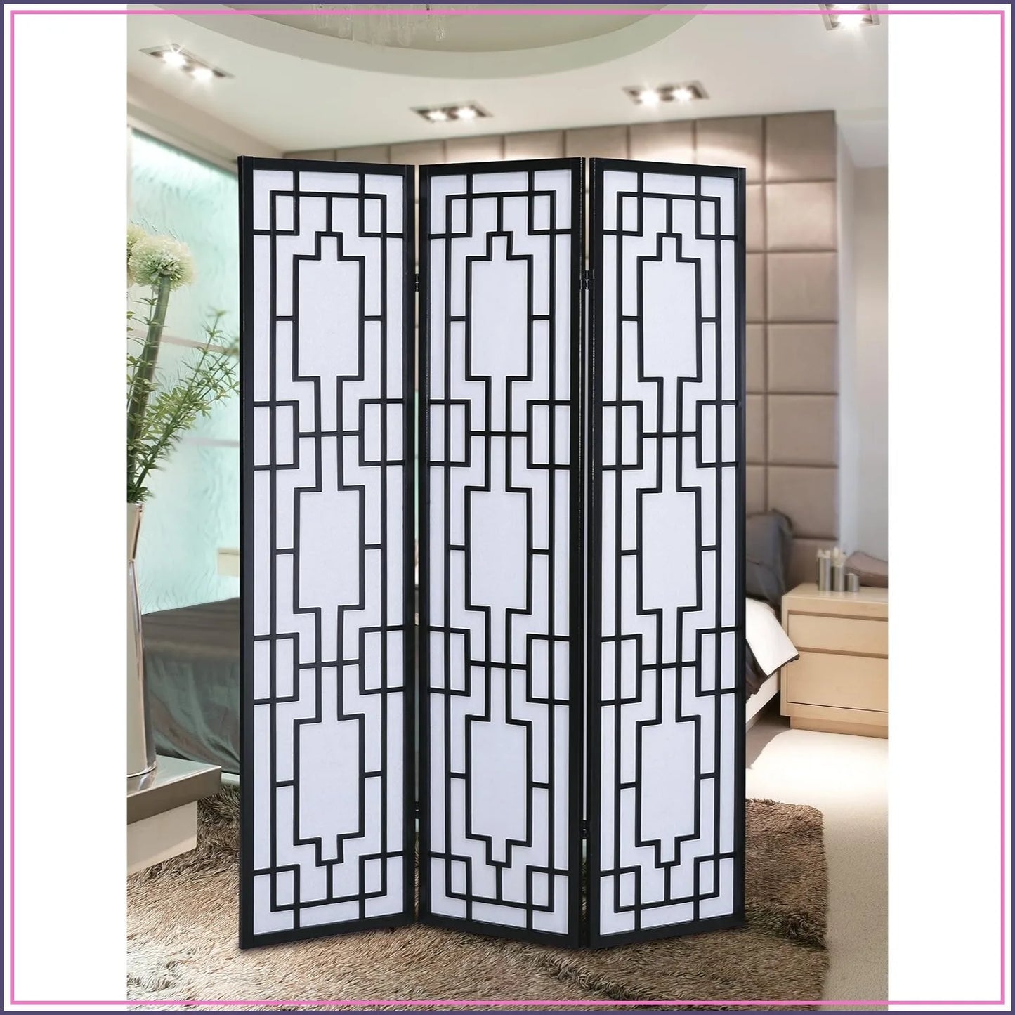 3 Panel Room Divider, Black, Solid Pine Wood, Geometric Lattice Design