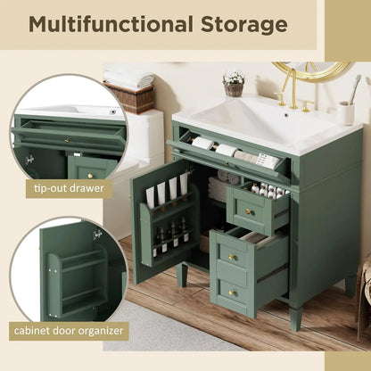 30" Bathroom Vanity with Sink, Modern Single Door, 2 Tip-Out Drawers