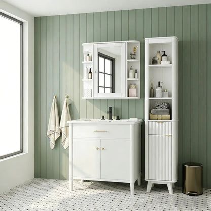 White Bathroom Wall Cabinet with Mirror, Adjustable Shelf, 6 Open Shelves, with Doors