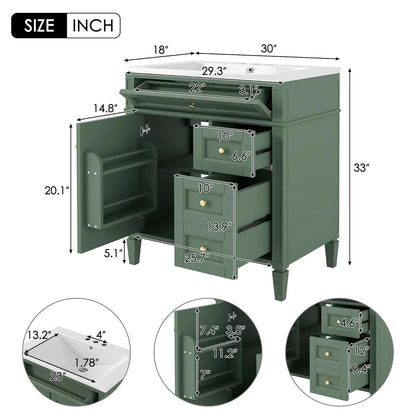 30" Bathroom Vanity with Sink, Modern Single Door, 2 Tip-Out Drawers