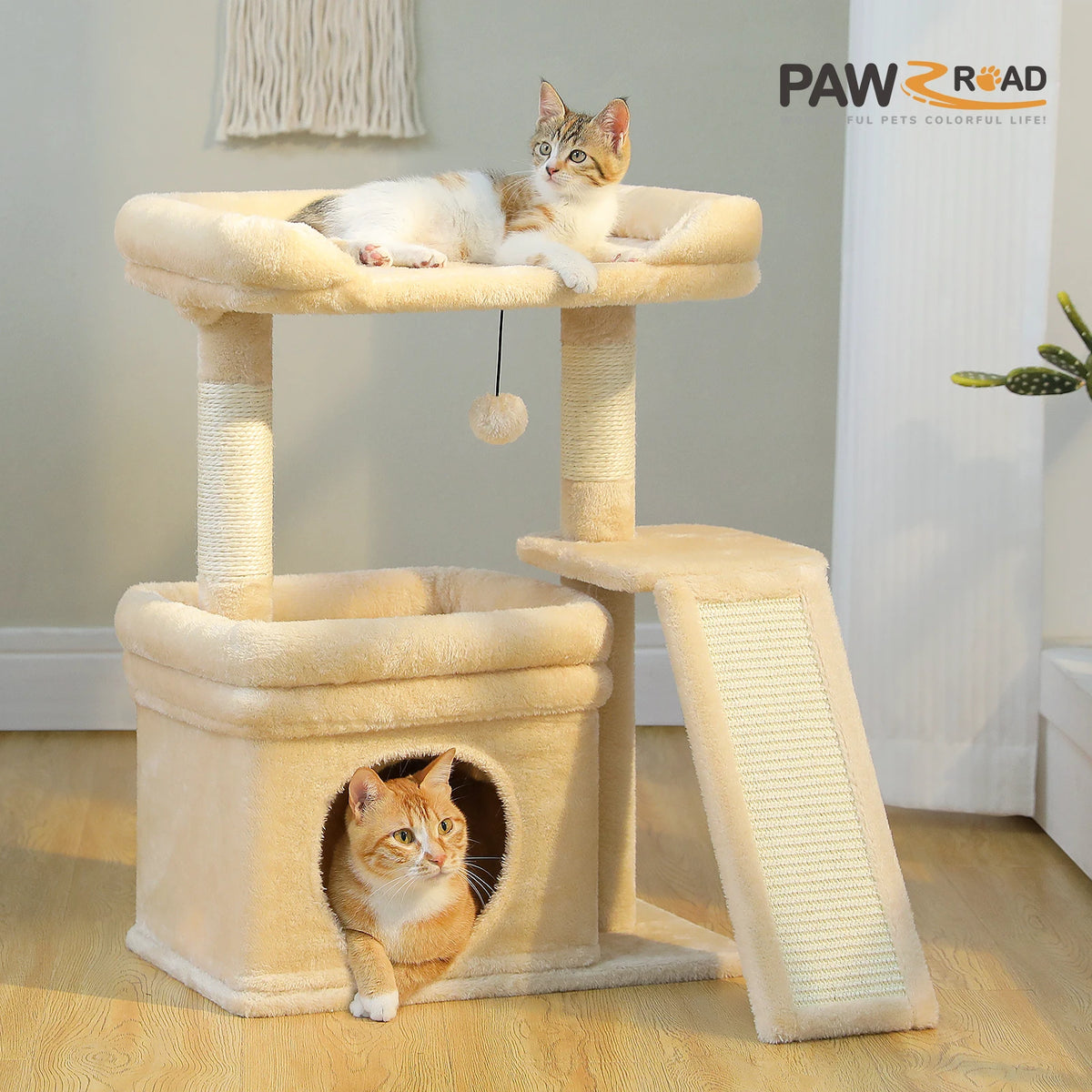 Small Cat Tree for Indoor Cat, Tower with Sisal Scratching Post and Pad, Wide Top Perch