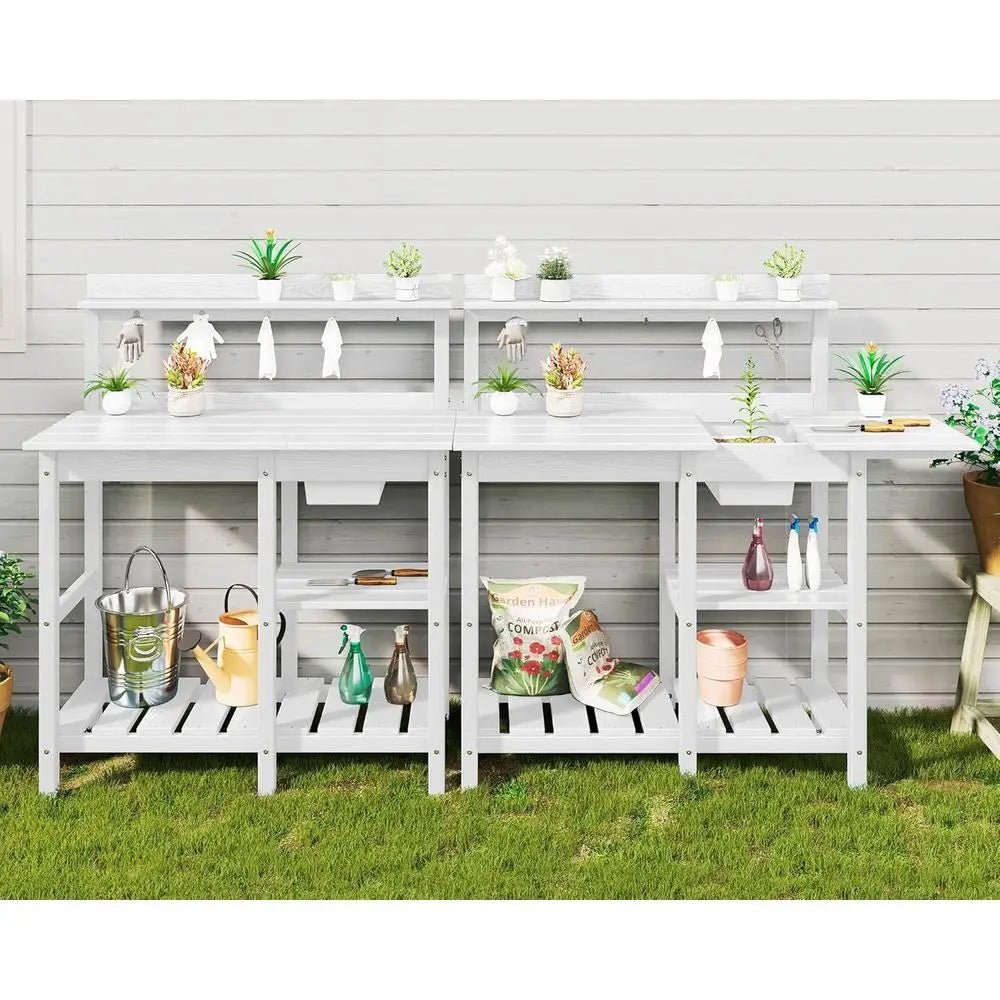 Portable Outdoor Garden Workbench with Detachable Sink, Weather-Resistant HDPE Table- White
