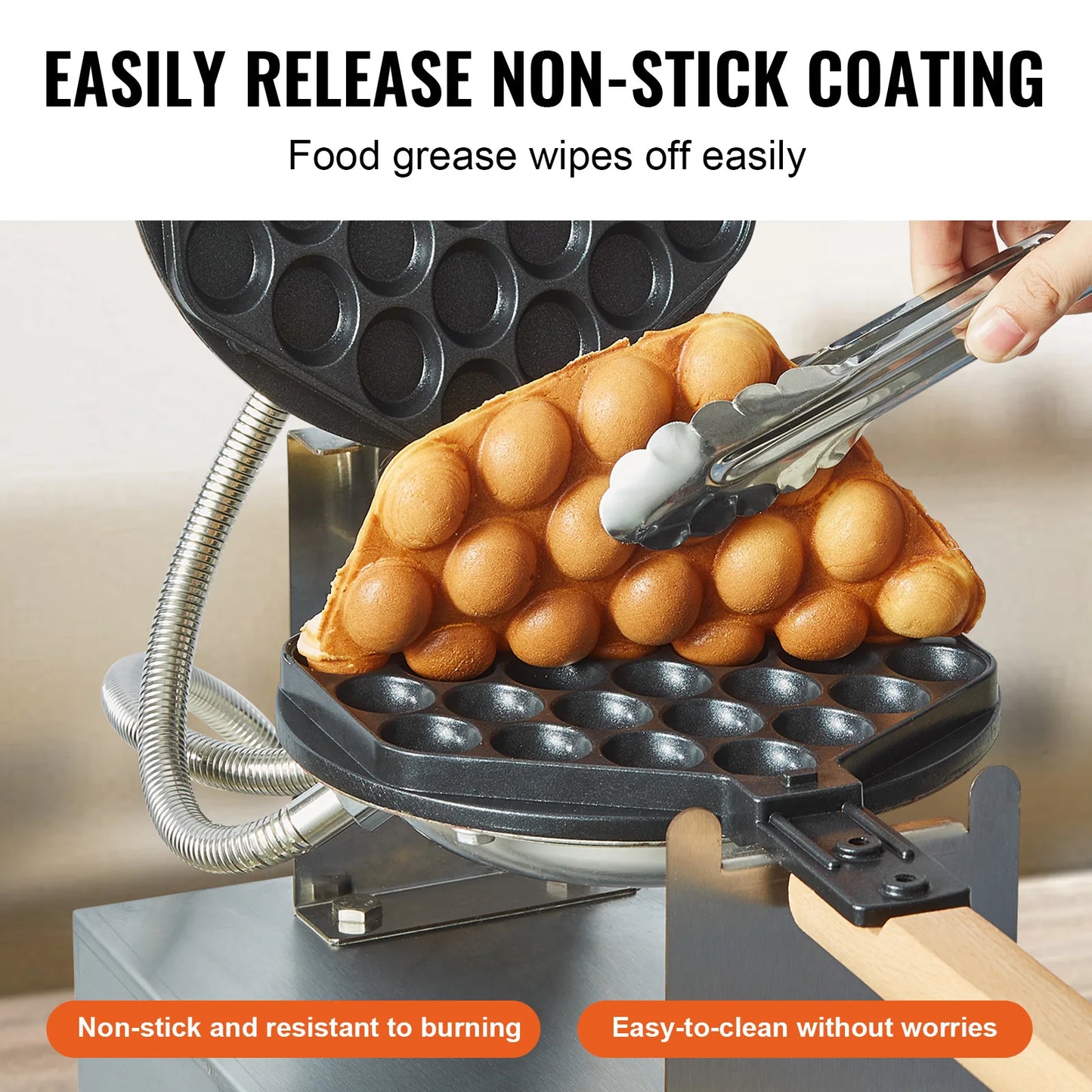 Commercial Egg Bubble Waffle Maker -1400W Non-Stick Stainless Steel w/180° Rotatable Device, 2 Pans & Wooden Handles