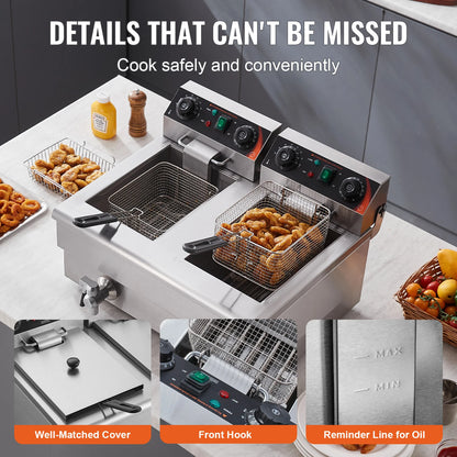 12L Electric Deep Fryer w/Dual Removable Tanks Commercial Countertop