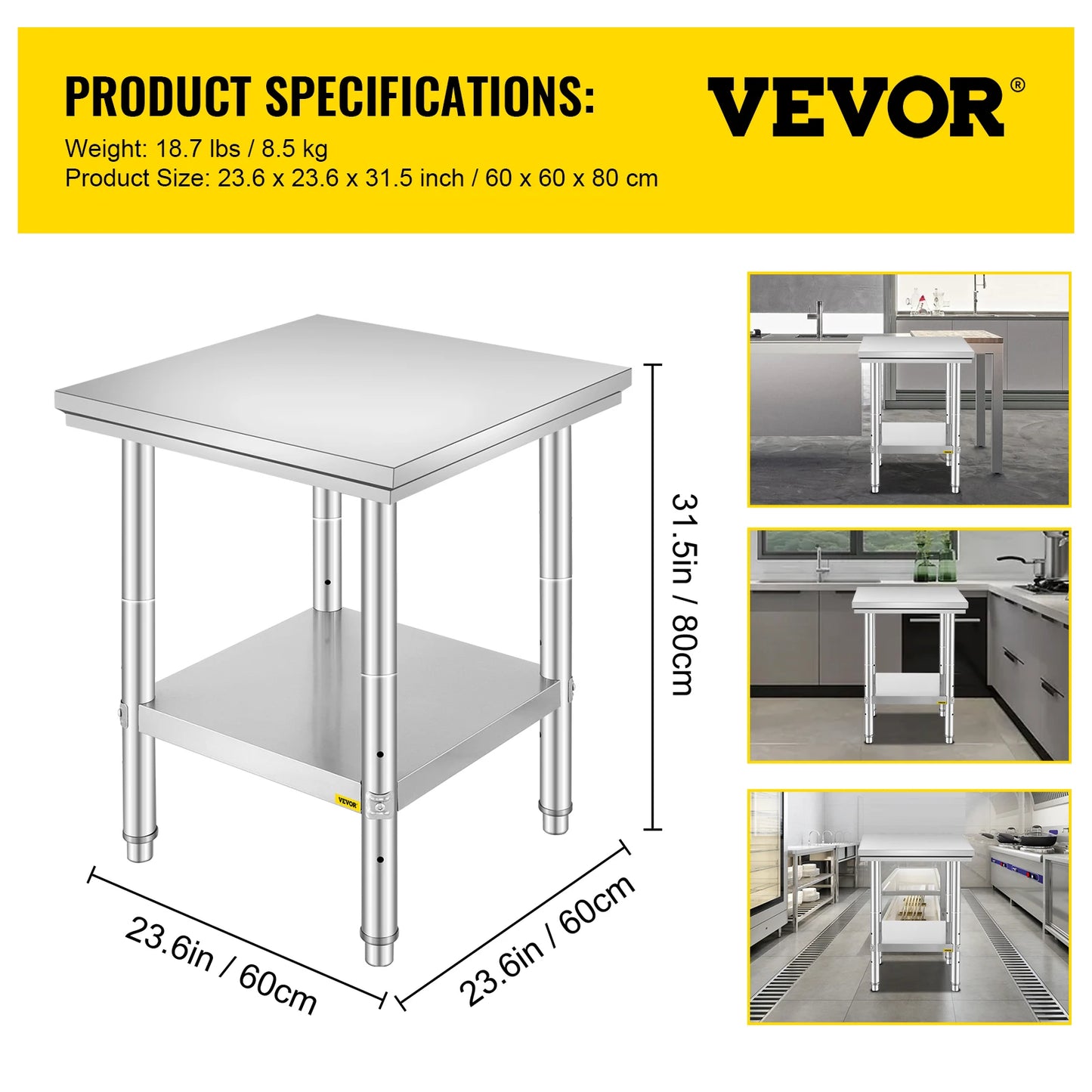 Kitchen Work Table for Commercial Catering, Garage, Restaurant with Undershelf, Stainless Steel