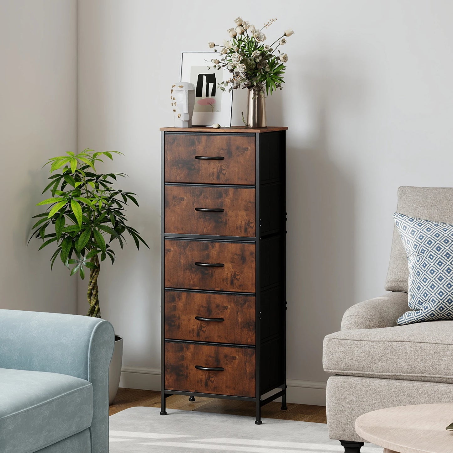 48IN Dresser With 5 Fabric Drawers, Steel Frame