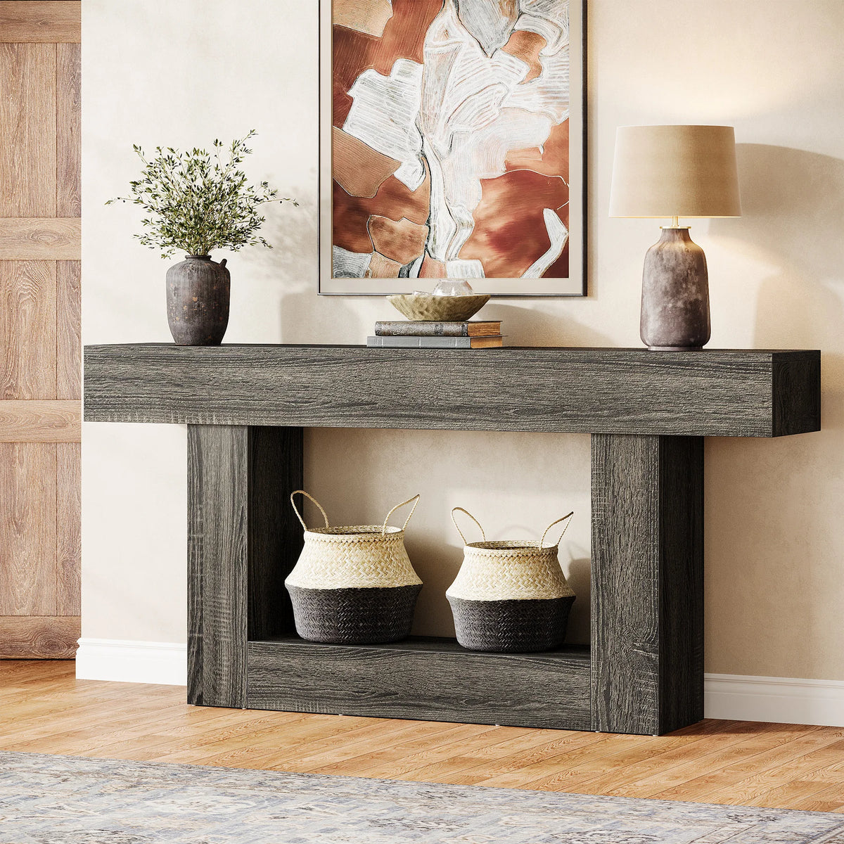 63" Console Table, Farmhouse 2-Tier Entryway Table with U-Shaped Base, Narrow Long Wood Sofa Table, Behind Couch Table