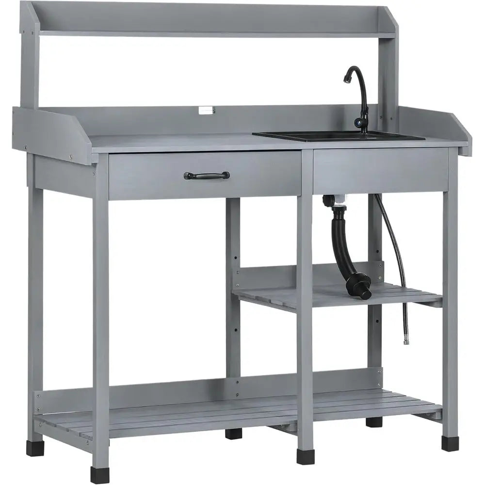 Outdoor Wooden Garden Workbench with Detachable Sink, Faucet, Storage, and Hooks, Gray