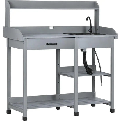 Outdoor Wooden Garden Workbench with Detachable Sink, Faucet, Storage, and Hooks, Gray