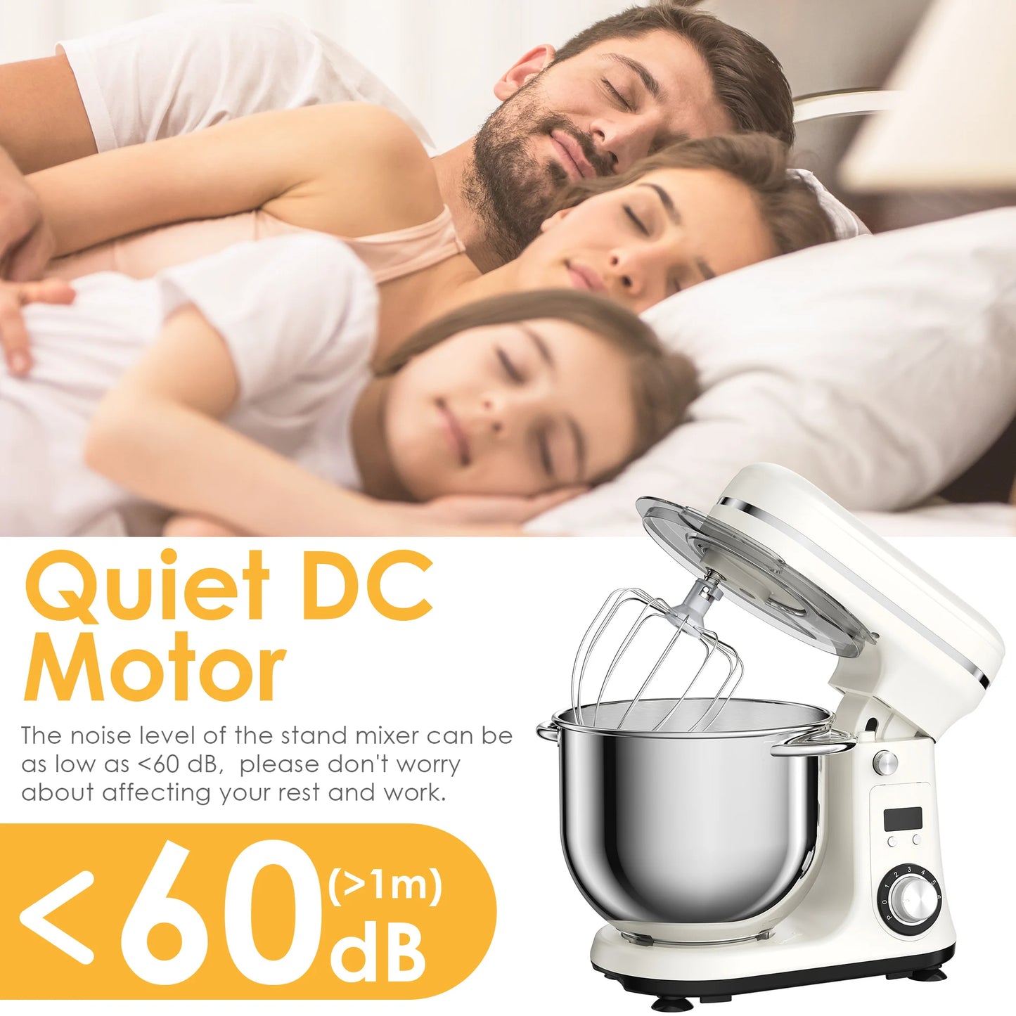 Kitchen Food Stand Mixer, Quiet Motor, Cream Egg Whisk, Whip Dough Kneader, 6-Speed, 1200 W