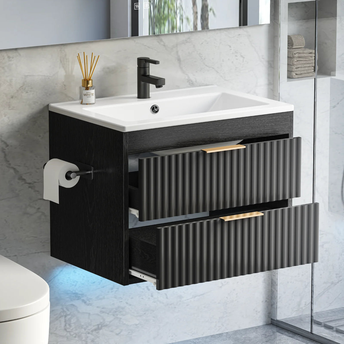 24' Floating Bathroom Vanity with Sink, Modern Wall Mounted Cabinet, 2 Drawers with Black Handles, for Bathroom/Laundry Room