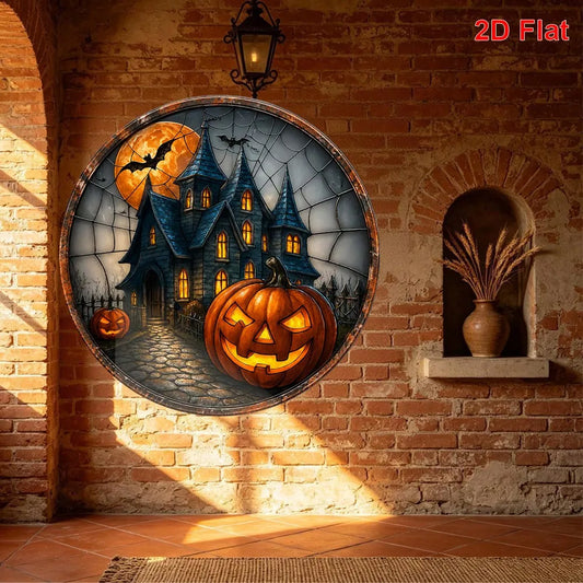 2D,8inch,Halloween Pumpkin, Haunted House, And Bat Patterned Metal Aluminum Sign Circular