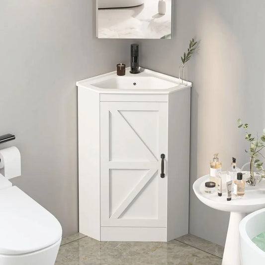 Corner Bathroom Vanity with Sink Combo, Freestanding Wall Mounted Storage Cabinet, White Ceramic Sink