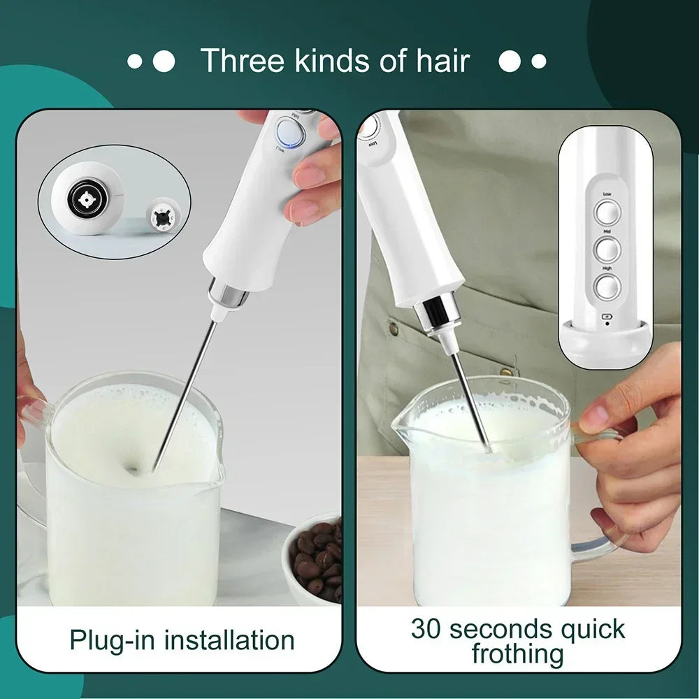 USB Rechargeable Milk Frother, Mini Handheld Electric Foam Maker, 3 Speed Stainless Steel Whisks for Latte Coffee Cappuccino Hot Chocolate
