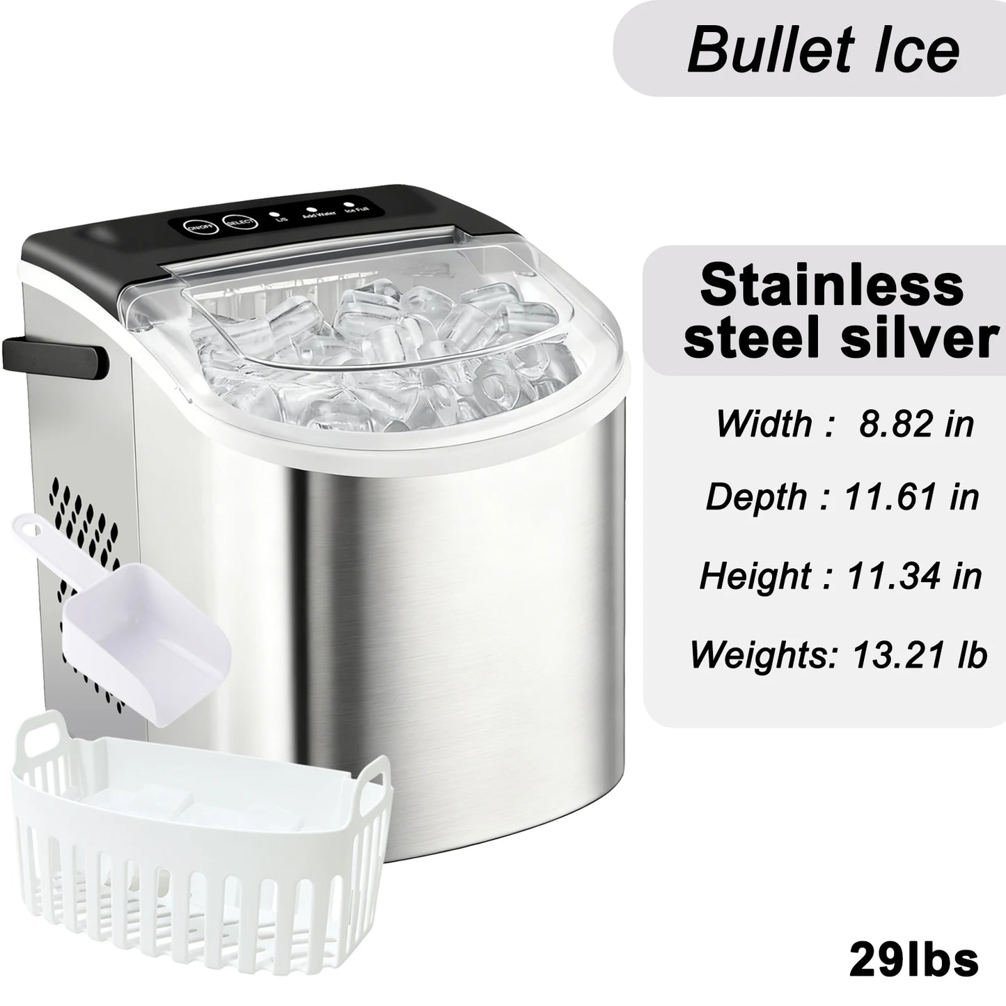 Portable Silver Stainless Steel Ice Maker with Handle, Produces 29 Pounds of Ice in 24 Hours