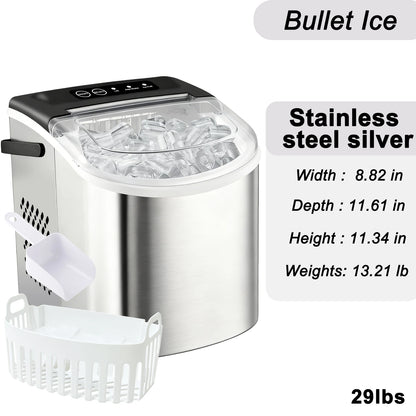 Portable Silver Stainless Steel Ice Maker with Handle, Produces 29 Pounds of Ice in 24 Hours