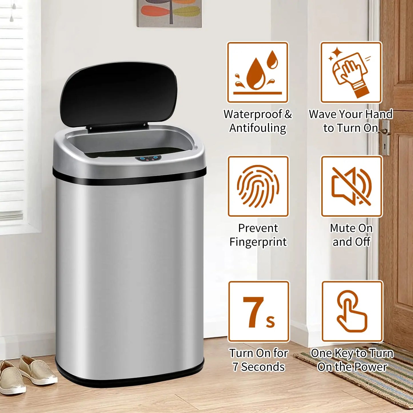 13-Gallon Kitchen Trash Can, Tall AutomaticTouchfree Motion Sensor
