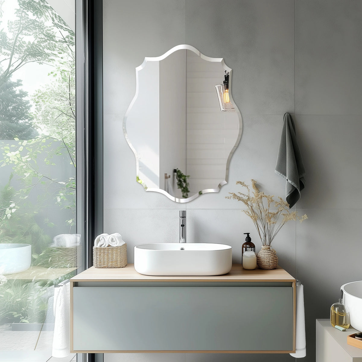 Wall Mirror, Scalloped Frameless Beveled Edge, Polished for Bathroom, Living Room, Vanity, Bedroom, Slive