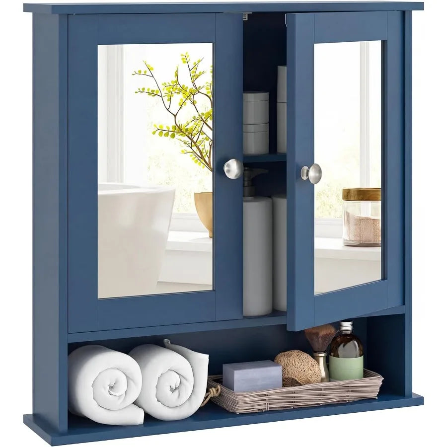 Bathroom Medicine Cabinet With Mirror, Wall Mounted Wooden Organizer With Doors And Shelves