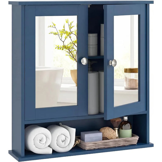 Bathroom Medicine Cabinet With Mirror, Wall Mounted Wooden Organizer With Doors And Shelves