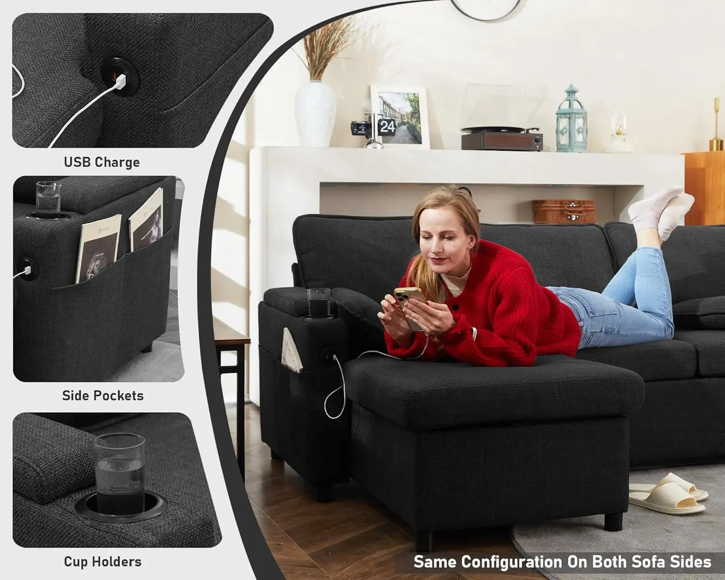 Sofa Bed Sleeper w/Pull Out and Storage,USB, Cup Holder