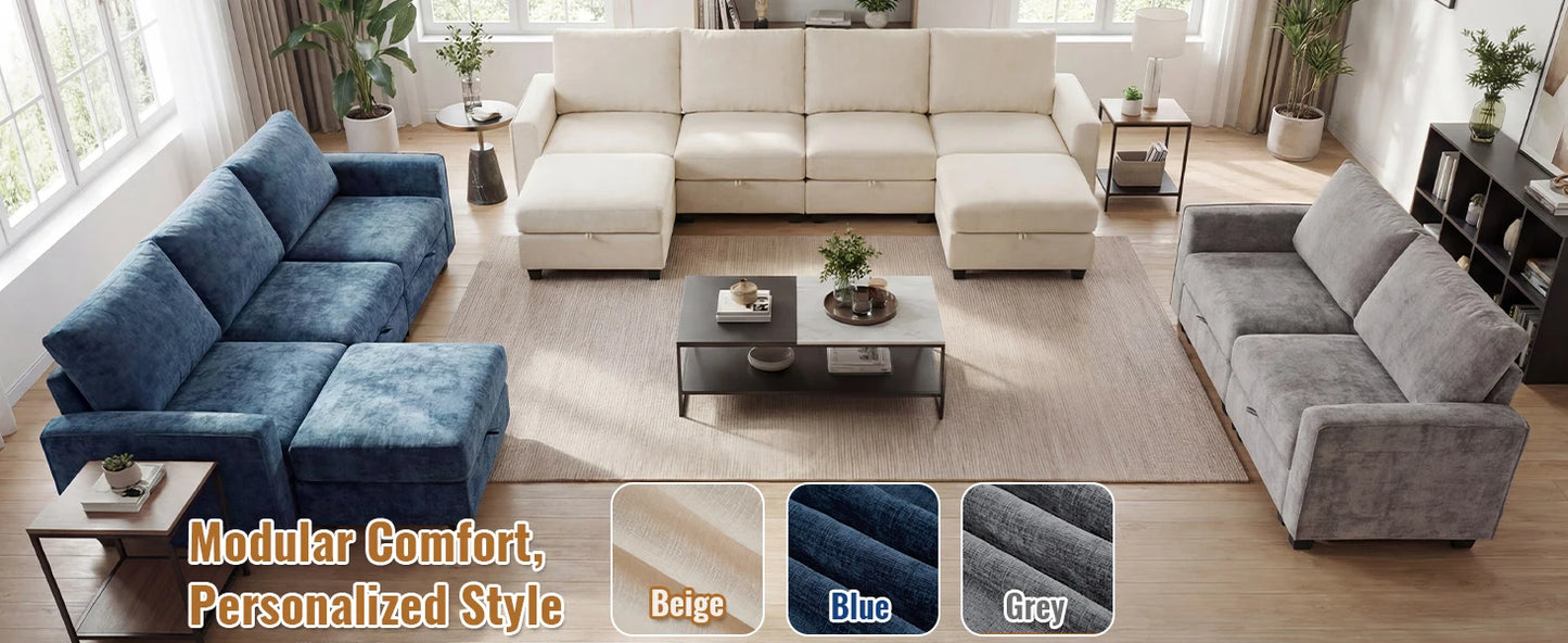 Modular Sectional Sofa Set with 2 Ottomans, U Shaped Convertible Couch with Storage