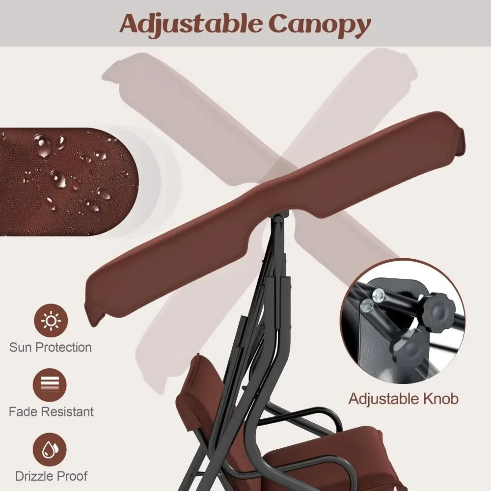 3 Person Porch Swing, with Removable Cushions and Powder Coated Steel Frame, with Canopy