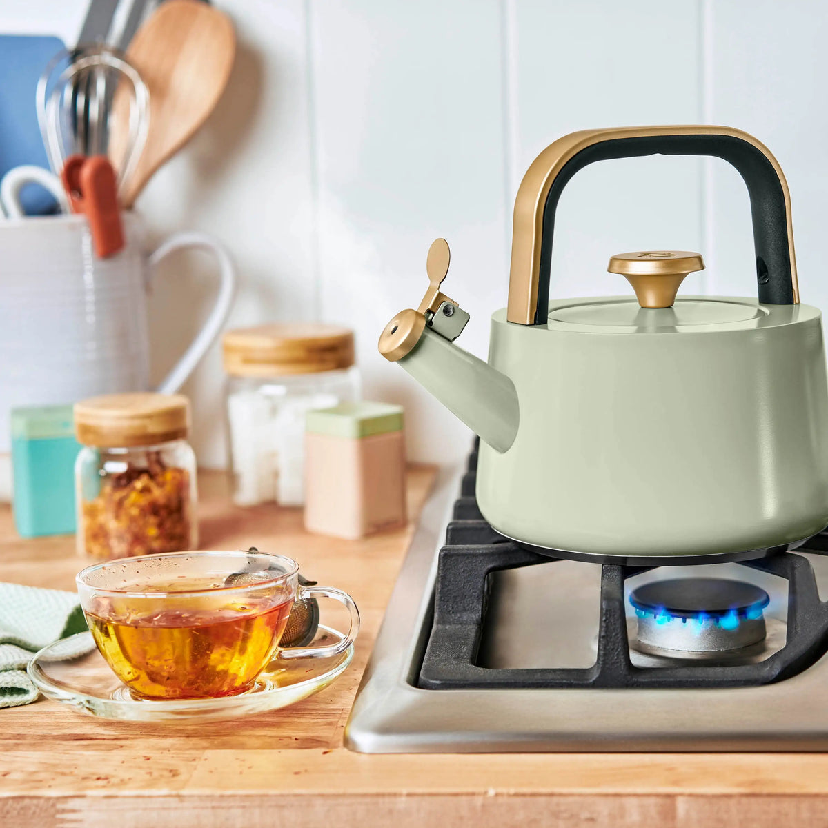 Beautiful 1.8L Ceramic Non-Stick Stovetop Tea Kettle, Sage Green by Drew Barrymore
