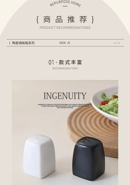 Japanese Simple Black White Ceramics Seasoning Bottle Set, Porcelain Pepper Shaker Salt or Spice