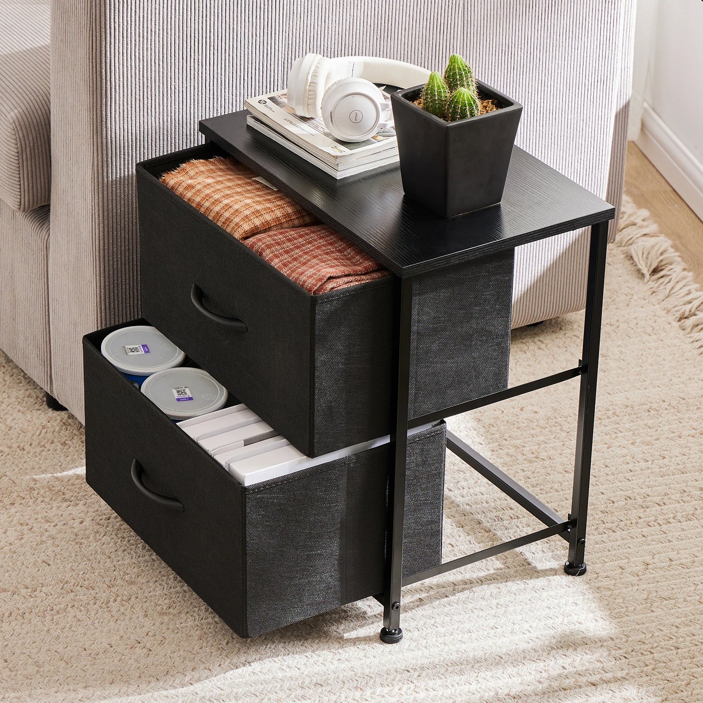 Nightstand, Table Storage For Bedroom 2 Fabric Drawers