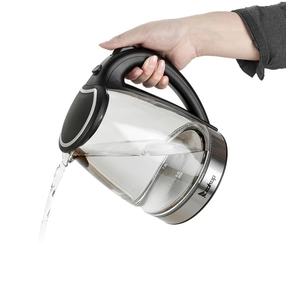 110V 1200W 1.8L Electric Glass Kettle, US Plug, Borosilicate Glass, Blue LED Auto Shut Off 360 Rotation Base