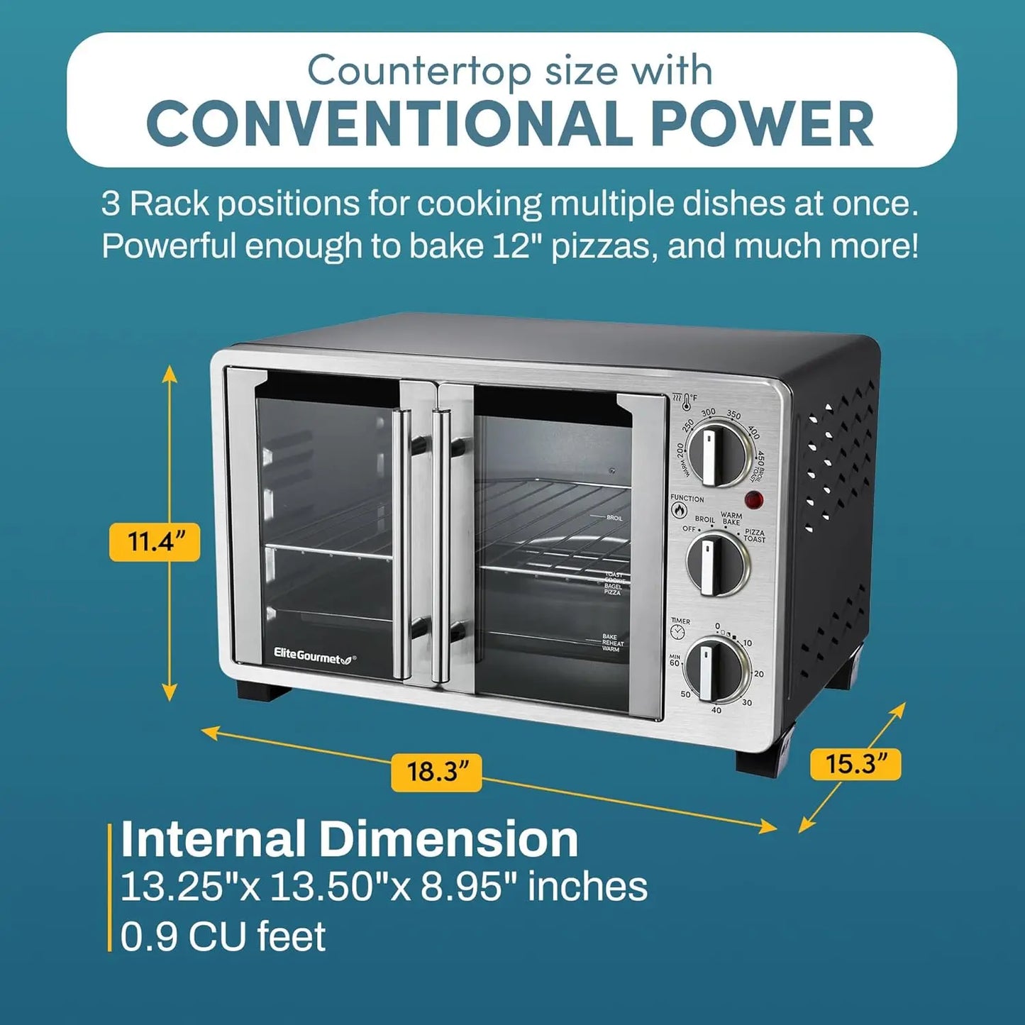Double French Door Toaster Oven with 25L Capacity, Bakes, Broils, Toasts, Keeps Warm, Fits 12" Pizza in Stainless Steel & Black