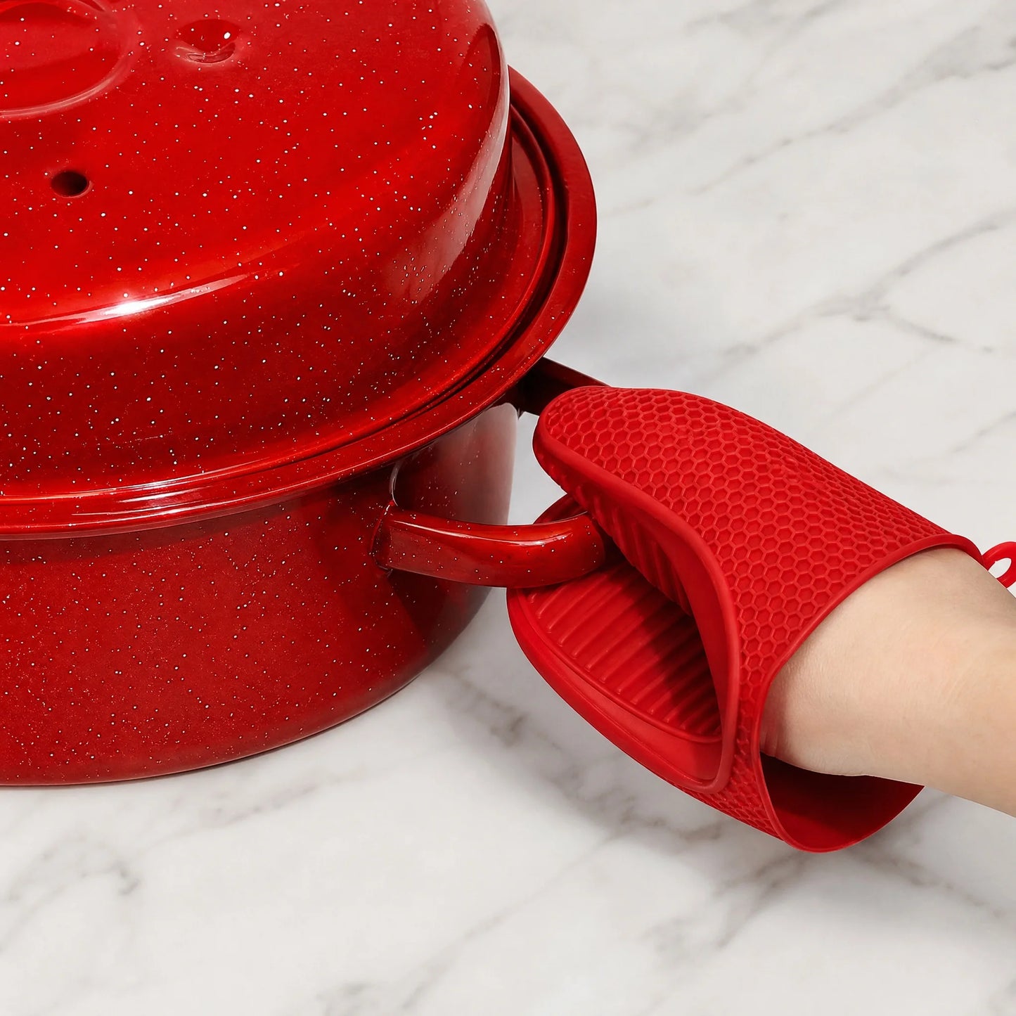 16 Inch Roasting Pan with Lid-Enamel Carbon Steel-Excellent Heat Distribution and Non-stick
