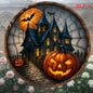 2D,8inch,Halloween Pumpkin, Haunted House, And Bat Patterned Metal Aluminum Sign Circular