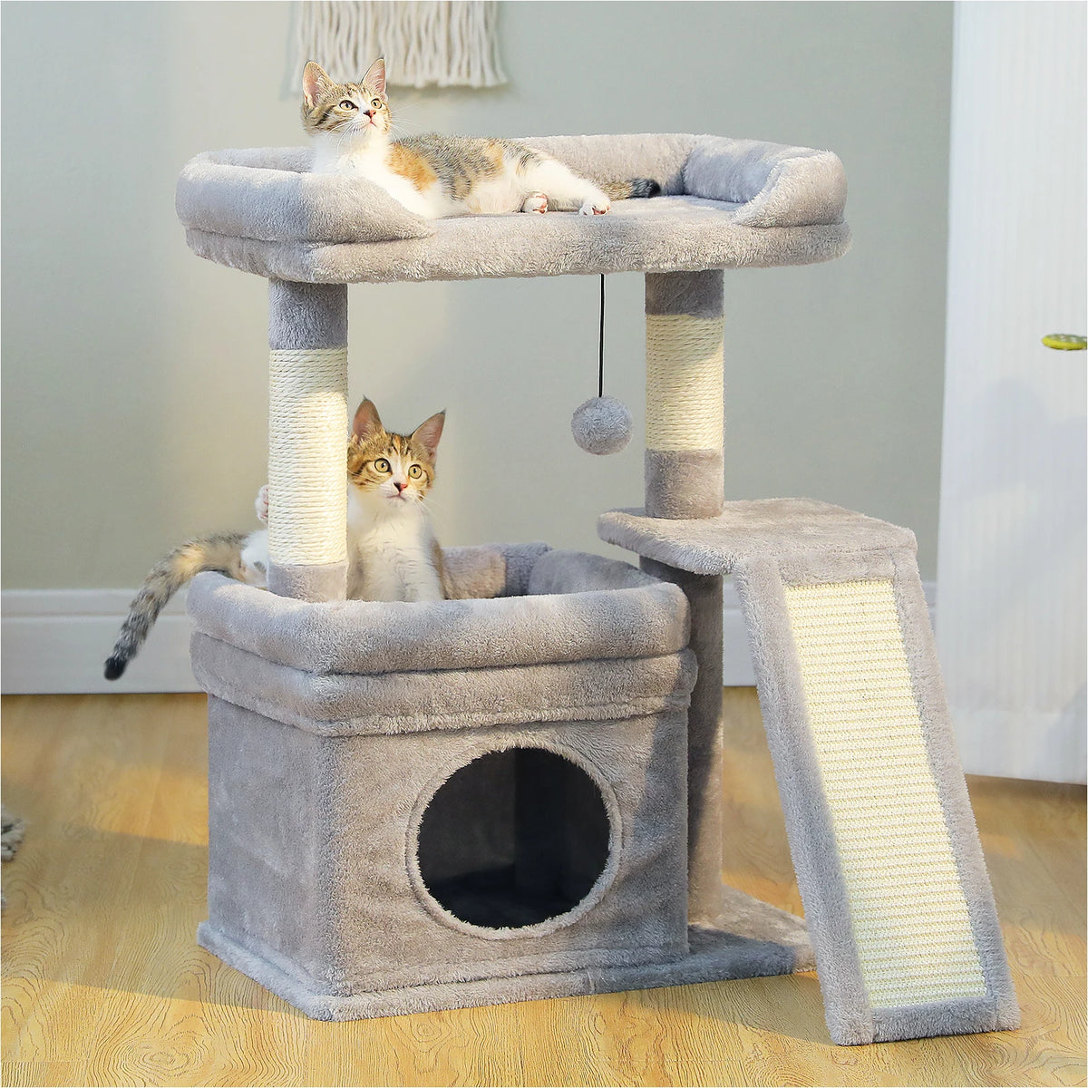 Small Cat Tree for Indoor Cat, Tower with Sisal Scratching Post and Pad, Wide Top Perch