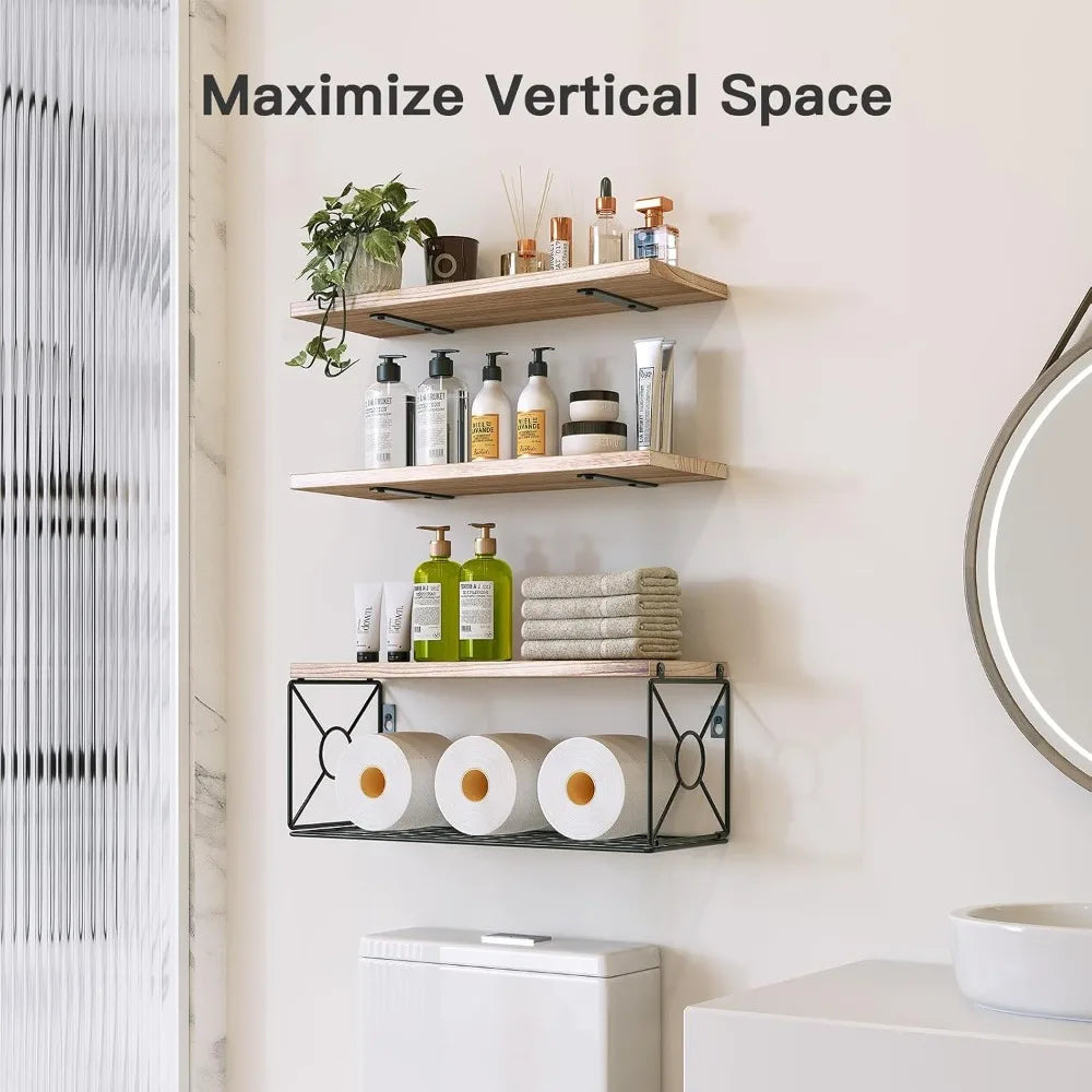 Bathroom Shelves Over Toilet with Storage Basket, Natural Wood