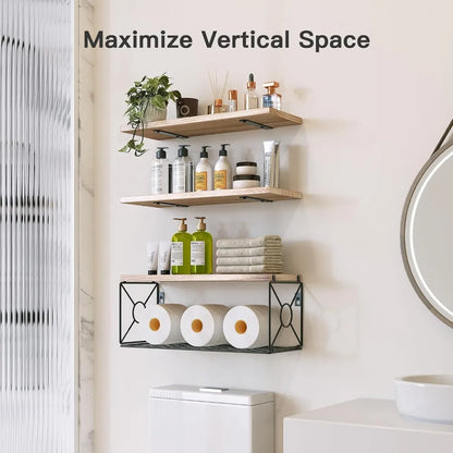 Bathroom Shelves Over Toilet with Storage Basket, Natural Wood