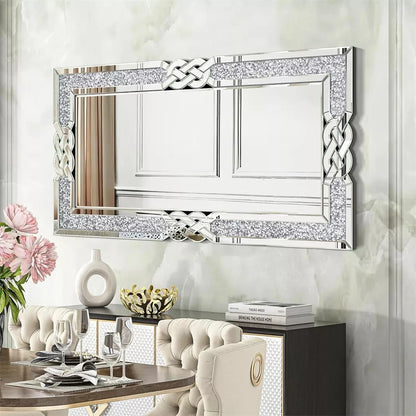 Crushed Diamond Wall Mirror, Rectangular Glass, Silver with Decorative Crystal Frame Edge