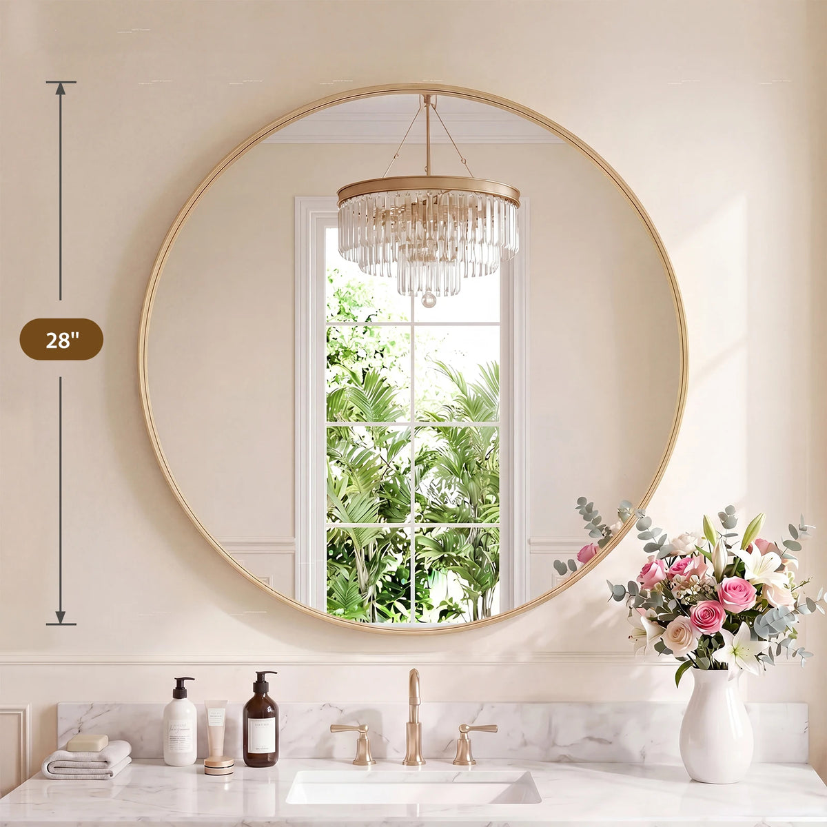 Groove Gold Round Vanity Framed Mirror for Wall, Bathroom Mirror for Over Sink with Matte Metal Frame, Wall Mount