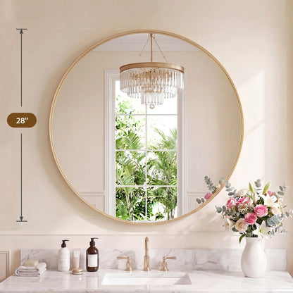 Groove Gold Round Vanity Framed Mirror for Wall, Bathroom Mirror for Over Sink with Matte Metal Frame, Wall Mount