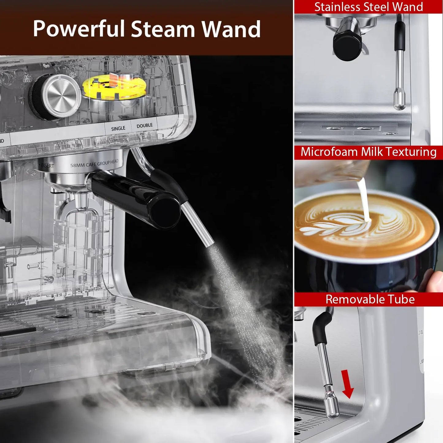 Semi-Automatic Professional Coffee Machine With Bean Grinder & Steam Wand