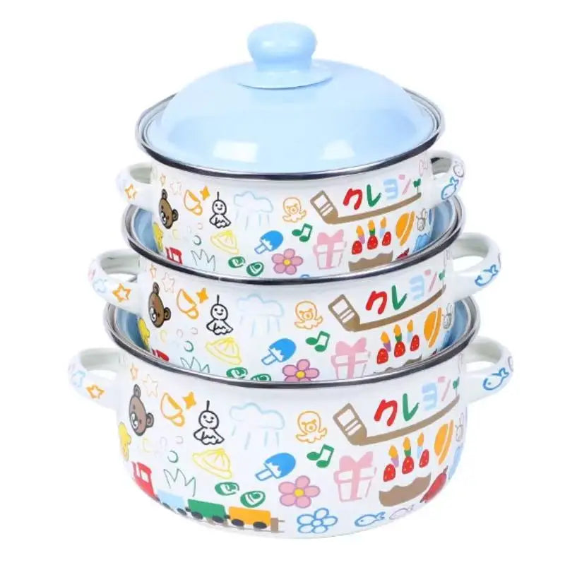 3Pcs Vintage Enamel Stock Pot Set with Lid,34oz/51oz/68oz Retro Flower