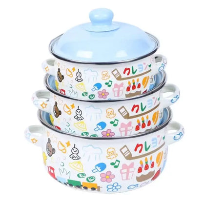 3Pcs Vintage Enamel Stock Pot Set with Lid,34oz/51oz/68oz Retro Flower