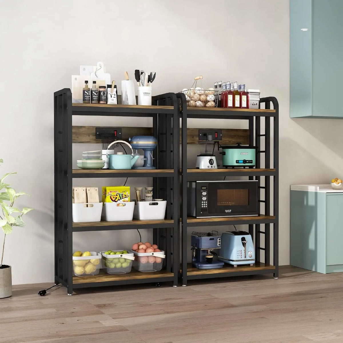 4-Tier Kitchen Bakers Rack with Power Outlet, Microwave Stand, Storage Shelf for Kitchen Organization And Convenience