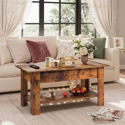 39 Inch Lift Top Coffee Table With Hidden Storage Compartment & Open Shelf, Rustic Wood Coffee Table With Storage