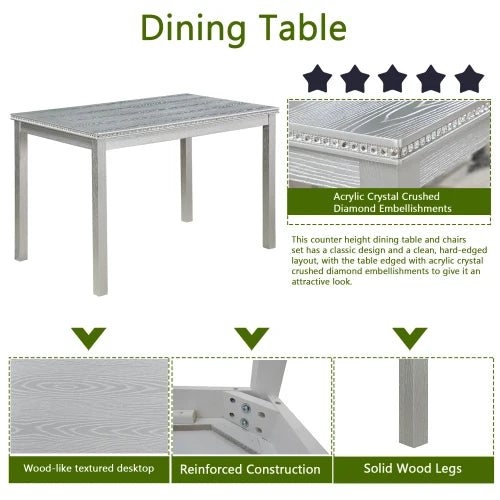 5-piece wooden dining table set with rectangular table and 4 cushioned chairs, decorated with crystal, silver gray