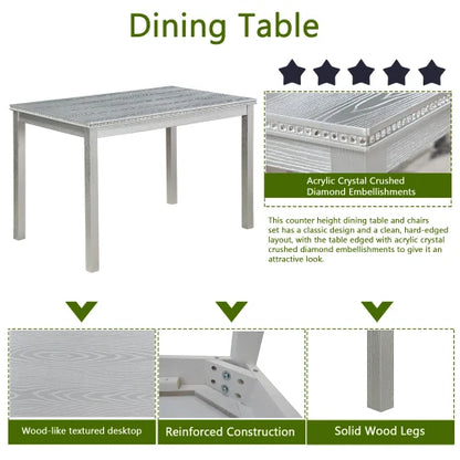 5-piece wooden dining table set with rectangular table and 4 cushioned chairs, decorated with crystal, silver gray