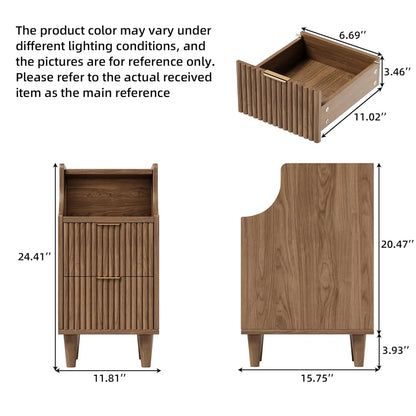 Narrow Nightstand Set of 2,11.8" Fluted with Slim Side 2 Drawers