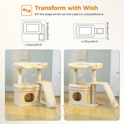 Small Cat Tree for Indoor Cat, Tower with Sisal Scratching Post and Pad, Wide Top Perch