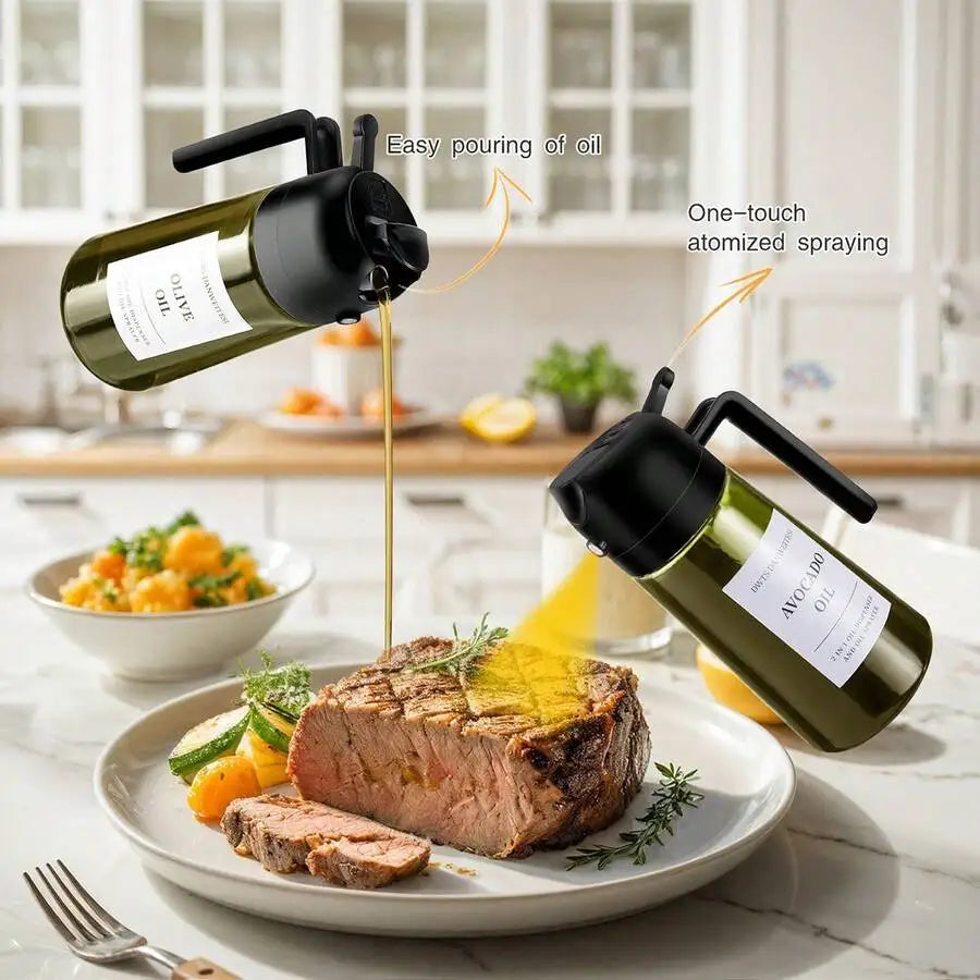 2PCS Glass Olive Oil Bottles, 2-In-1 Dropper & Oil Sprayer Kitchen Gadgets, Dark Green Glass For Anti-Oxidation, 16oz/480ml Seasoning Storage Bottles, Oil Sprayer & Dispenser, Perfect Housewarming Gift!